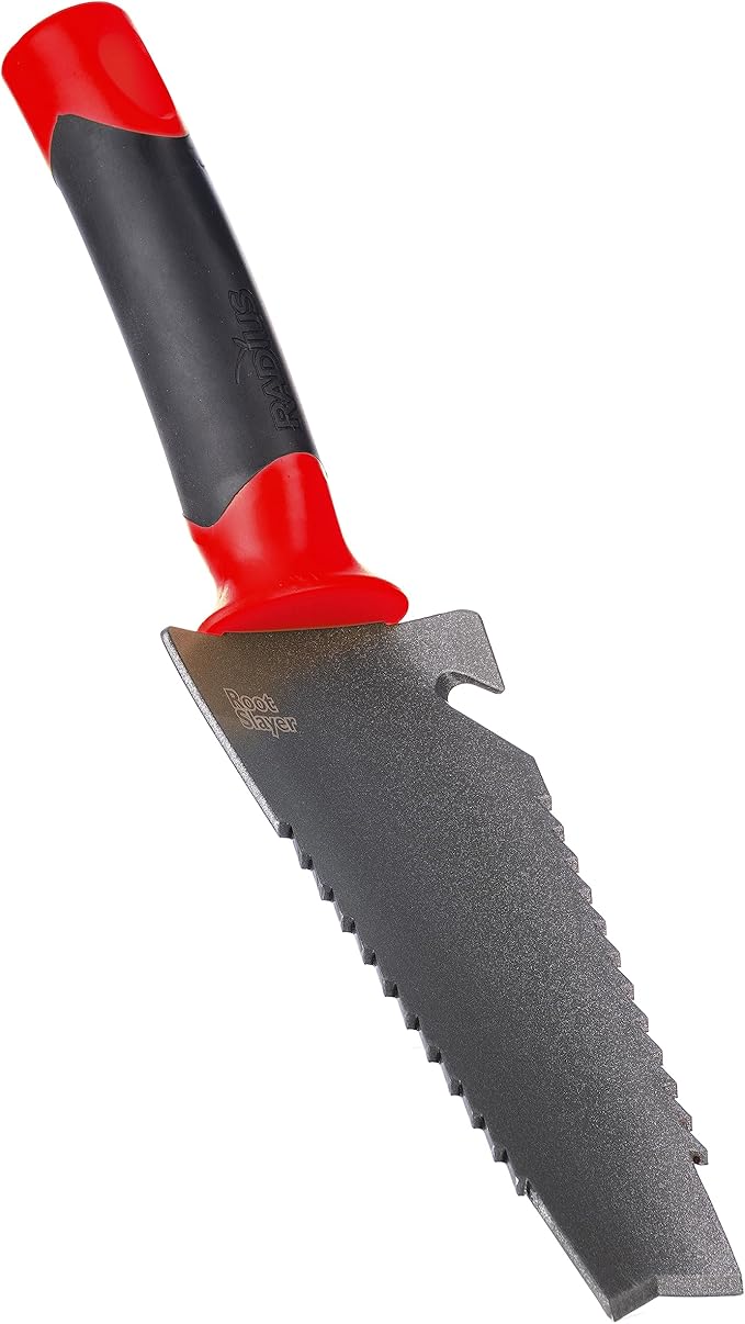 Root Slayer 16011 Garden Trowel with Serrated Blade for Digging and Root Cutting, Heavy Duty Steel Hand Tool, Red
