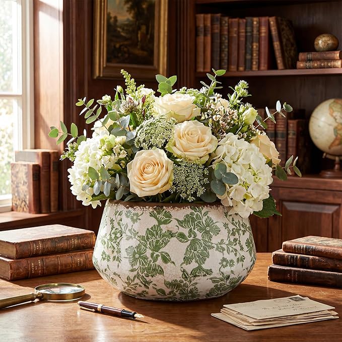 9.8 Inch Large Vintage Ceramic Planter Ice Crack Glaze Green Chrysanthemum Floral Flower Pot with Drainage Rustic Decorative Plant Pots Gifts for Home Kitchen Office Indoor Outdoor Plants