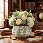 9.8 Inch Large Vintage Ceramic Planter Ice Crack Glaze Green Chrysanthemum Floral Flower Pot with Drainage Rustic Decorative Plant Pots Gifts for Home Kitchen Office Indoor Outdoor Plants