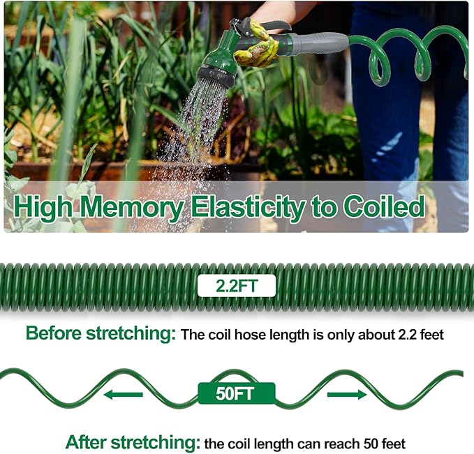 SPECILITE 3/8" Lightweight Coil Garden Hose 50 FT, EVA Flexible Curly Water Pipes with 6-Pattern Spray Nozzle for Boat, Greenhouse, Yard, Patio, Green