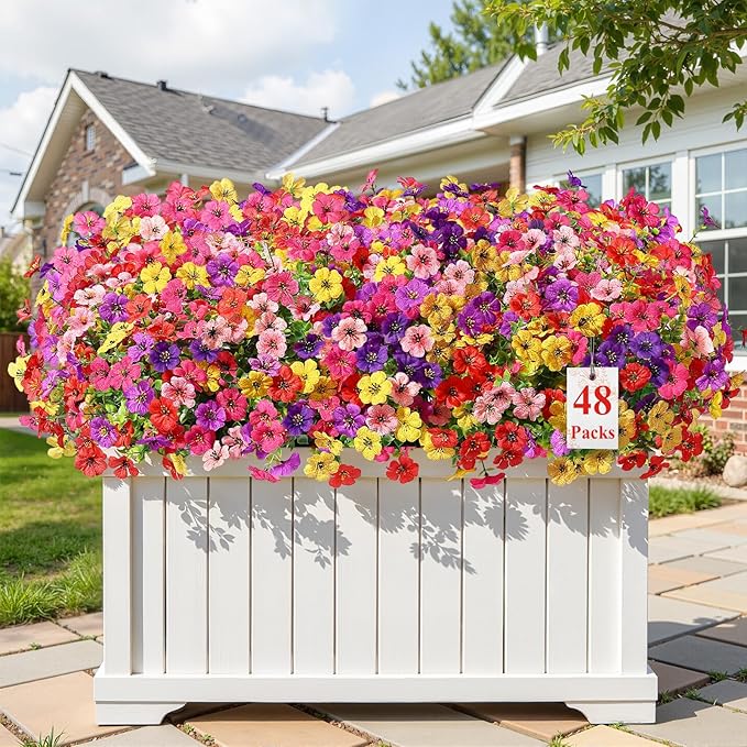 Alupssuc 48 Bundles Artificial Flowers for Outdoors Decoration, UV Resistant Silk Faux Floral Spring Fake Plastic Plants Greenery for Outside Indoor Patio Porch Window Box Home Decor, Mix 6 Colors