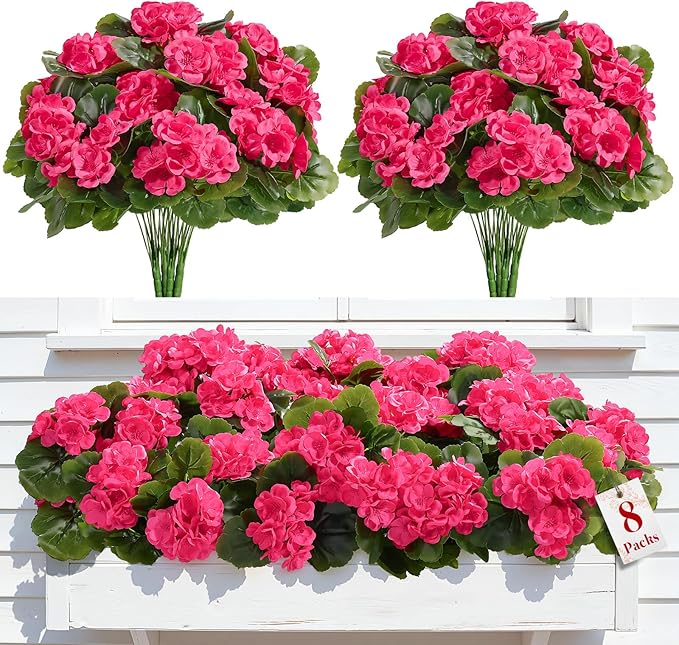 Alupssuc 8Pcs Artificial Geranium Flowers for Outdoors Decoration Silk Floral, UV Resistant Fake Plants, Faux Flower for Porch Garden Table Centerpieces Home Indoor Outside Spring Decor(8, Deep Pink)