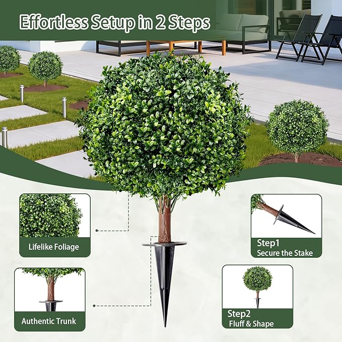 Artificial Boxwood Topiary Ball Trees, Set of 2 UV Resistant Fake Evergreen Shrubs Bushes Plants with Ground Spike, 18" Fake Plants for Outdoor Indoor Front Porch Garden
