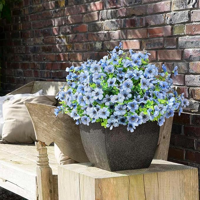 ATTGREAT Artificial Flowers Outdoor Faux Plants UV Resistant Fake Patio Flowers Plastic Greenery Plnats Outside Bulk for Spring Garden Hanging Planter Home Vase Decor, 24 Bundles (Blue)