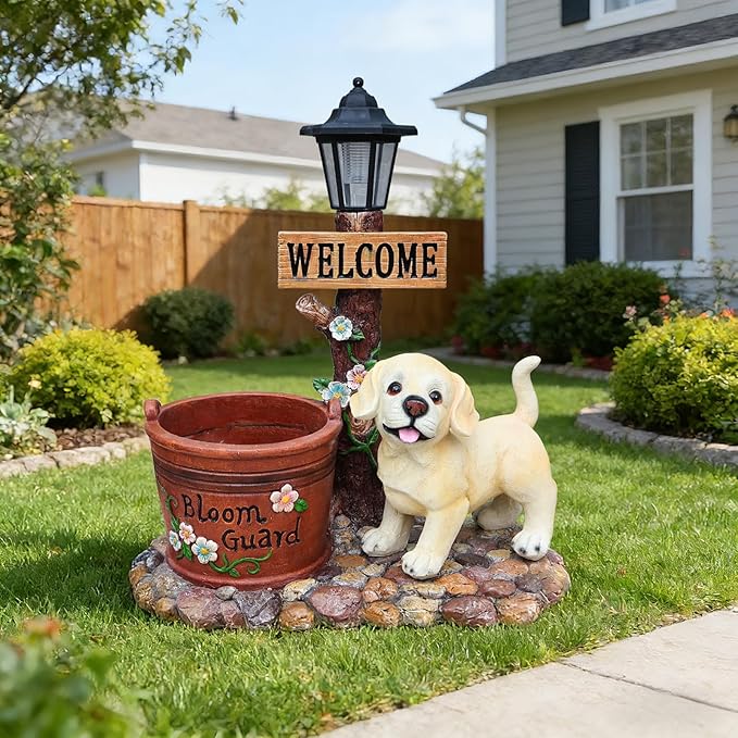 Animal Outdoor Statue Planter Solar Light Welcome Garden Sculpture Resin Flower Pot Decorative Porch Patio Yard Lawn Entryway Figurine with LED Lamp Rustic Plant Holder Ornament Courtyard (G)