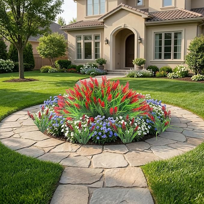 22 Pcs Artificial Outdoor Flowers Fake Outdoor Plants Monkey Grass with Red Flowers for Pot Decor for Window Garden Patio Hanging Planter Pathway Front Porch (22, Red)