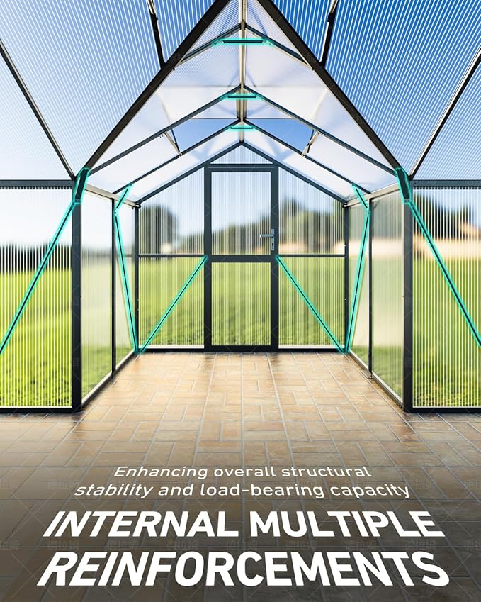 12x12 FT T-Shape Greenhouses, Polycarbonate Green House with UV Protection, Heavy Duty Greenhouse with Windproof Aluminum Frame, Roof Vent & Quick-Install Design for Backyard or Garden Use