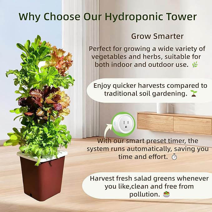 Hydroponics Tower Growing System Kit, Vertical Garden Indoor Outdoor, Up to 35 plants,Lettuce Grow Tower & Timer, Smart Indoor Growing System for Kitchen, Balcony, Apartment Herbs & Vegetables
