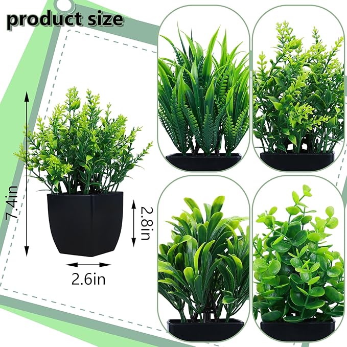 GREENTIME 4 Pack Fake Plants in Black Pot Mini Artificial Eucalyptus Potted Plant Small Faux Grass Greenery Potted for Indoor Home Office Farmhouse Bathroom Table Decoration