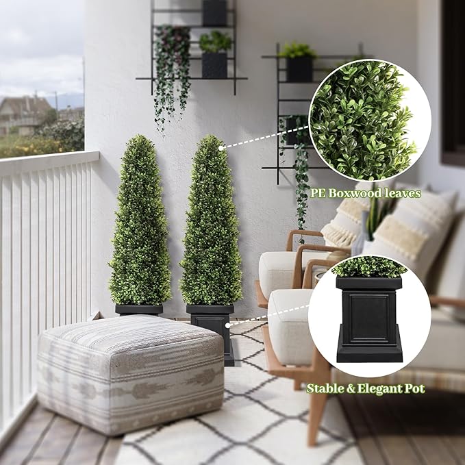 Artificial Boxwood Topiary Tree, COLORSPEC 3.5ft Tall Outdoor Porch Tree, All-Year Green Boxwood Plants Topiary Trees Artificial Outdoor with Sturdy Pot for Porch Outdoor Indoor (Square)
