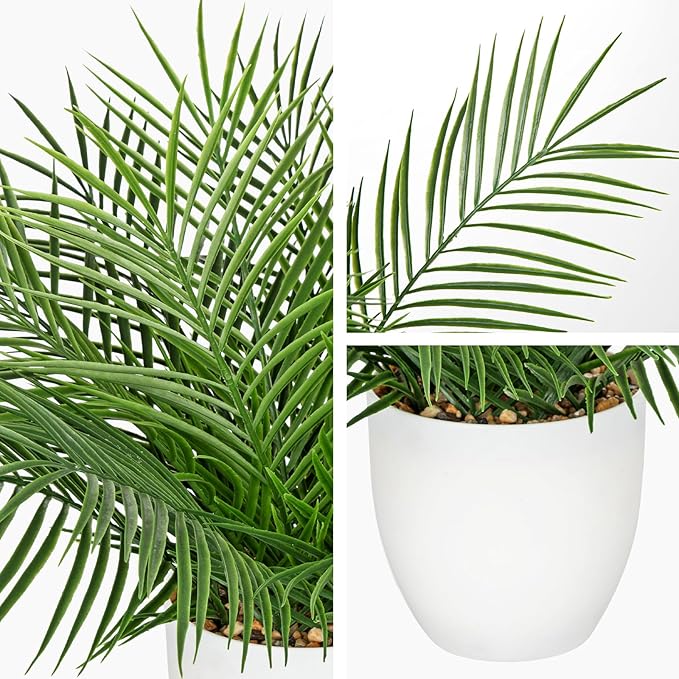 Briful Artificial Palm Plant in White Pot, 18” Faux Tropical Tabletop Plant with 14 Realistic Leaves, Small Potted Palm Tree for Farmhouse, Coffee Table, Entryway, Bathroom, Shelf & Living Room Decor