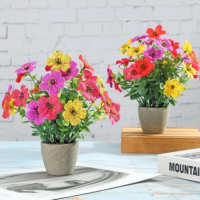 2 Pack Small Fake Plants Potted Artificial Plants Artificial Flowers Potted Faux Flower Daisy with Eucalyptus Leaves for Home Decor Office Room Farmhouse Indoor Table Bathroom Decor （colorful）