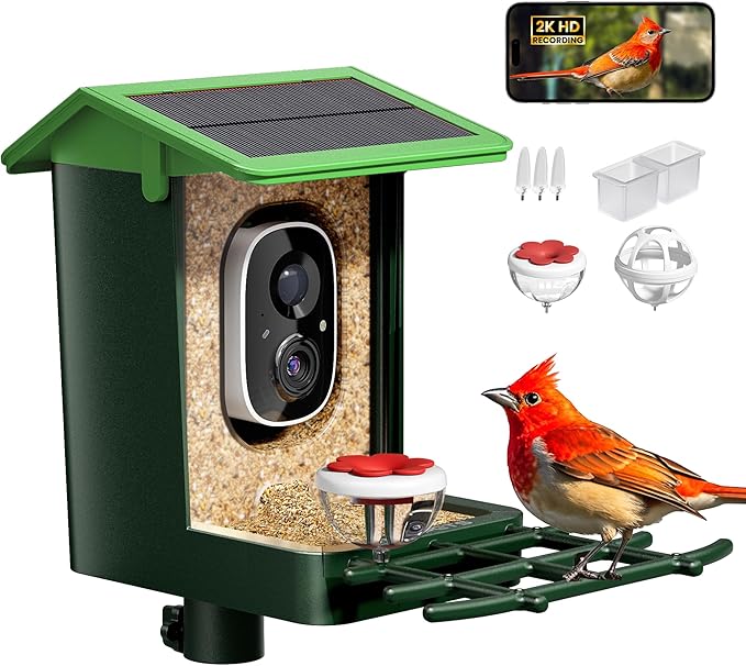 Bird Feeder with Camera Solar Powered 2K HD Video, 10,000+ Species AI Recognition, Real-Time App Alerts, and Weatherproof Design for Effortless Birdwatching, Gift for Father's Day, Grass Green