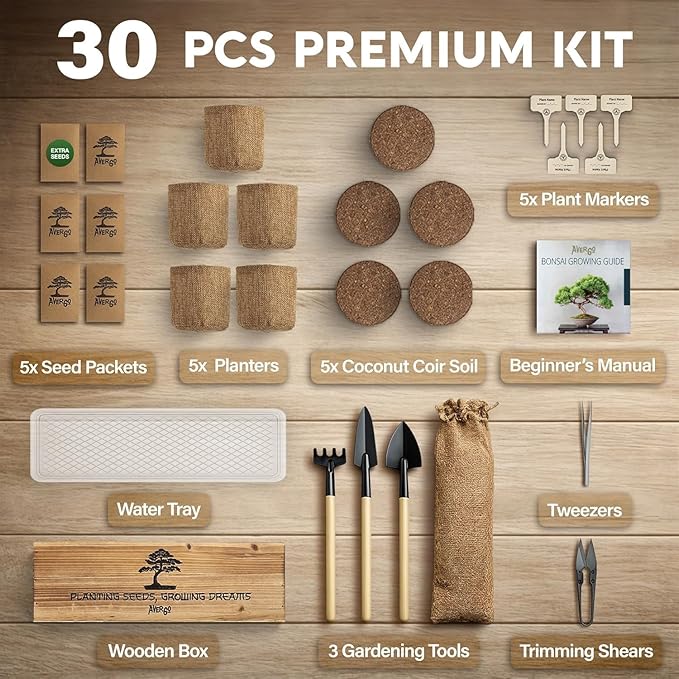 AVERGO Bonsai Tree Kit Classic - 5X Unique Japanese Bonzai Trees | Complete Indoor Bonsai Starter Kits for Growing Trees – DIY Gardening Gifts for Mother, Women & Men