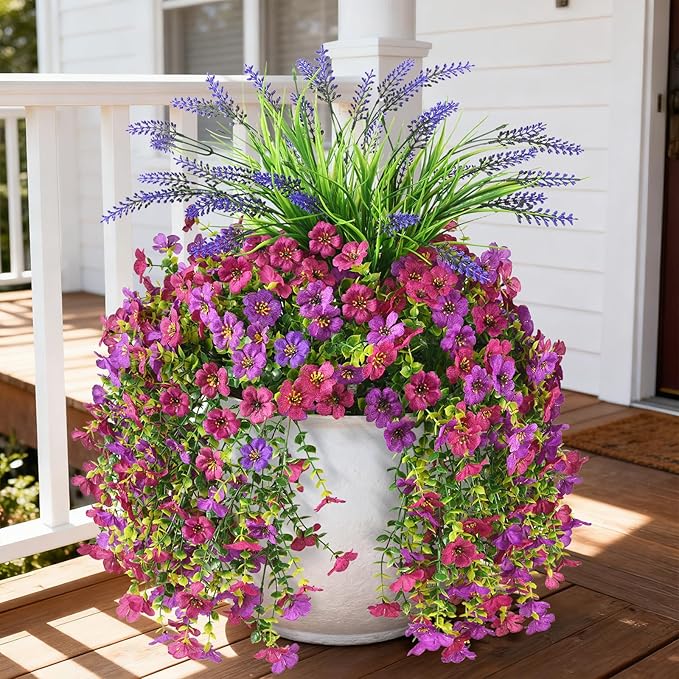 Artificial Fake Hanging Flowers Plants for Outdoor Outside Decoration, Faux Silk Daisy Flower Realistic UV Resistant for Front Porch Patio Balcony Garden Yard Indoor Planter Home Decor(Purple Pink)