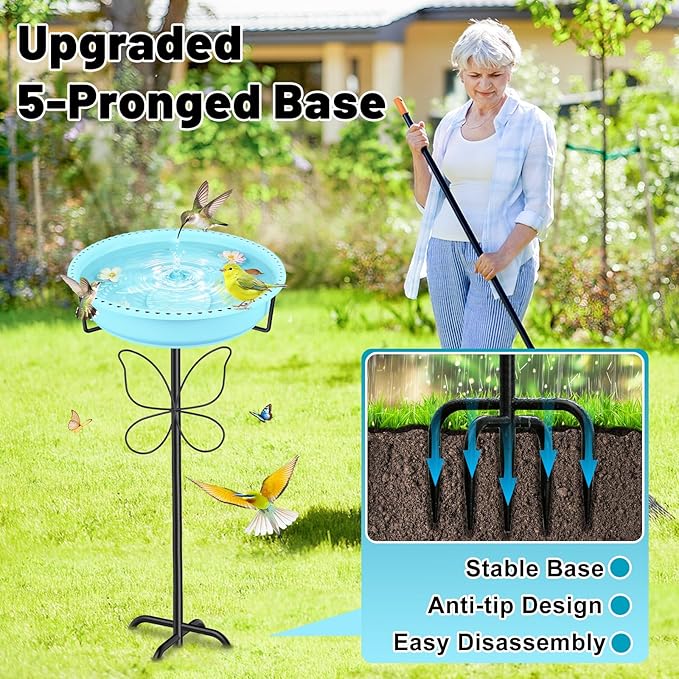 37In Bird Bath for Outside, 2-in-1 Birdbath & Birdfeeder with Detachable Plastic Bowl, Metal Butterfly Stake & Sturdy 5-Pronged Base for Outdoor Garden Yard Decor (Blue)