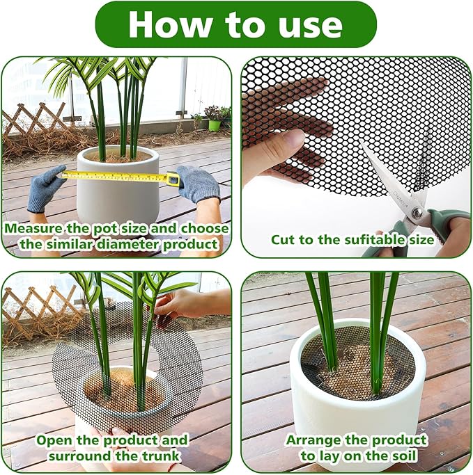 6 Pack Plant Pot Grids, 11.8" Trim-to-Fit Plant Pot Soil Covers Protectors from Animals, Indoor Outdoor Plant Protection with Metal Stakes, Black
