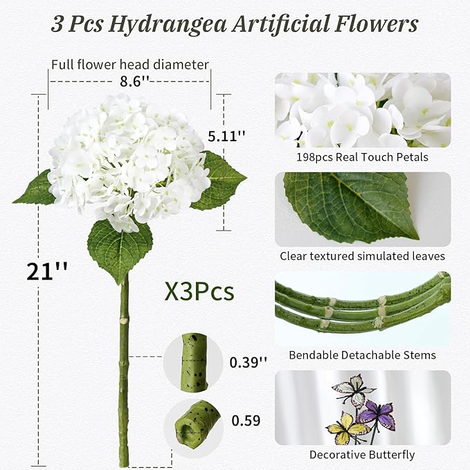 Leftover 3Pcs White Hydrangea Artificial Flowers,21" Full Large Faux Hydrangea Flowers with 3 PCS Butterflies,Latex Real Touch Flowers for Home Decor Floral Arrangements Wedding Bouquets Centerpieces