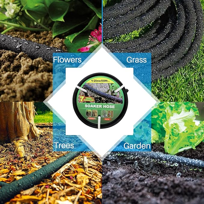 Taisia 1/2" Soaker Hose 50 ft Round Rubber Garden Water Hoses, Heavy Duty Drip Hose for Watering Irrigation, Water Seeper Soaker Hoses for Garden, Lawn and Plants