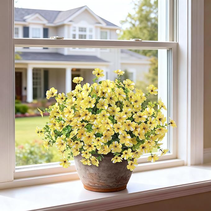 Artificial Morning Glory & Eucalyptus Topiary Trees - Set of 2 Faux Silk Flower Potted Plants, UV-Resistant Fake Outdoor Morning Glory Bushes for Front Door, Yard, Farmhouse, Garden Decor (Yellow)