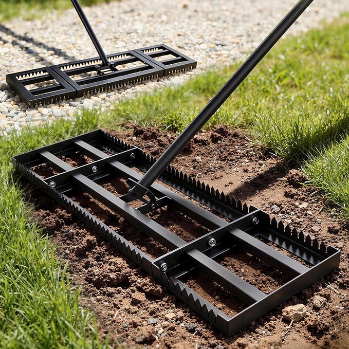 Housolution 32"x10" Lawn Leveling Rake with Serrated Edge & Smooth Plate, Heavy-Duty Stainless Leveling Rake with 72" Adjustable Handle, Serrated Rake for Soil/Dirt/Compost/Dead Grass/Gravel