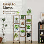 Bamworld Plant Stand With Wheels Indoor Outdoor Wood Plants Shelf for Multiple Plants 11 Pots,Tall Large Flower Holder for Living Room, Patio, Balcony, Garden