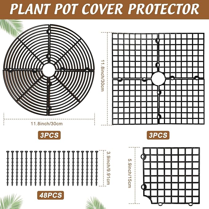 Nuanchu 6 Pcs Plant Pot Covers Grid Soil Protector from Animals 11.8" Cuttable Flower Protector Cat Digging Stopper Plant Pot Cover with Stakes for Indoor Outdoor Gardening, Round Square (Black)
