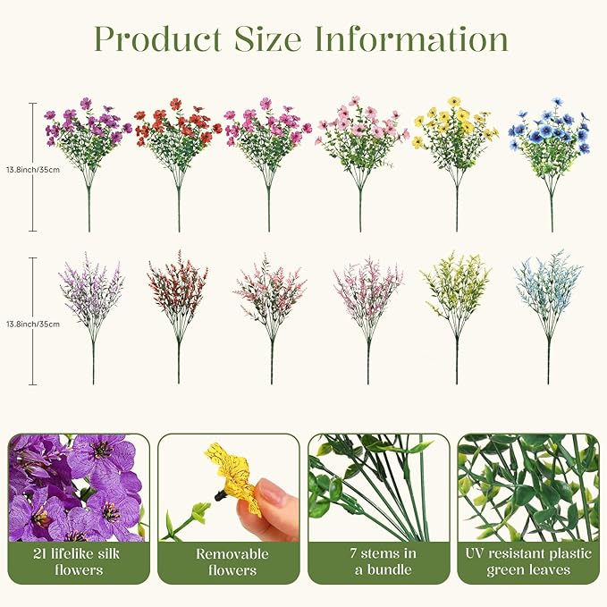 SHareconn 48 Bundles Artificial Flowers for Outdoors Decoration, Faux Plants Fake Silk Colorful Daisy Eucalyptus Lavender, UV Resistant for Outside Home indoor Spring Decor,RedRosyPurpleBlueYellowPink