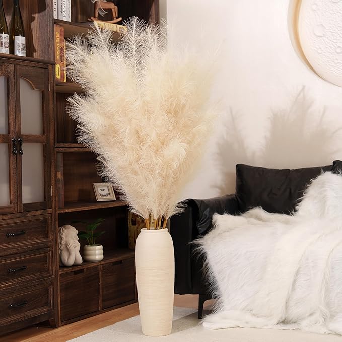 Premium Faux Beige Pampas Grass – 55" 8pcs Tall Ultra-Fluffy 24-Branch One-Piece Stems No Assembly, Luxury Silk-Feel Feather Flowers for Boho Modern Farmhouse Home Decor (Sand, 8 Stems)