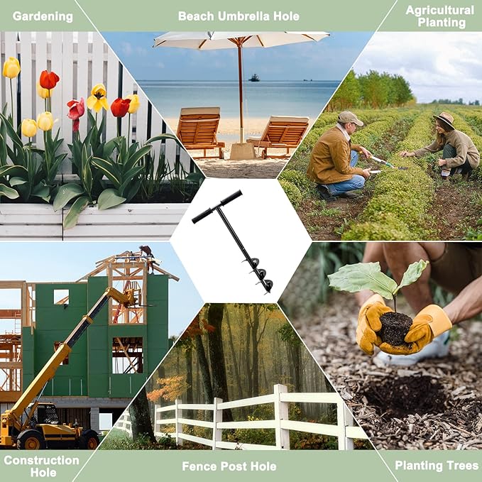 Hand Post Hole Digger - 24'' x 4" Earth Garden Auger Drill with Gloves, Non-Slip Handle, Spiral Drill Planter Bit for Planting Trees, Seedlings, Bedding Plants, Deep Cultivating, Digging Weeds Roots