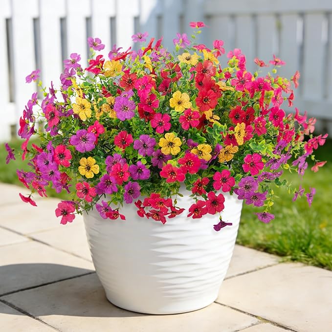 ADXORA 24 Bundles Artificial Flowers,Faux Plants for Spring Summer Decoration, UV Resistant Colorful Violets Eucalyptus for Outside Home Planter Porch Patio Yard Decor