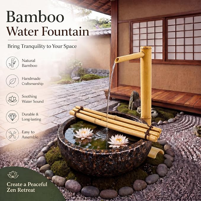 20'' Natural Bamboo Fountain Kit with Adjustable Split-Resistant Spout Quiet Pump and Tubing Japanese Water Feature for Zen Outdoor Patios Landscaping Garden Decor(with Floating Ring)