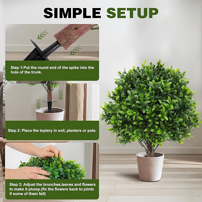 JTING' CHOISIR Set of 2 Artificial Boxwood Topiary Ball Trees with Ground Spike, 26 Inches UV Resistant Fake Plant Bushes Shrubs, for Indoor Outdoor Front Porch Garden (Boxwood)