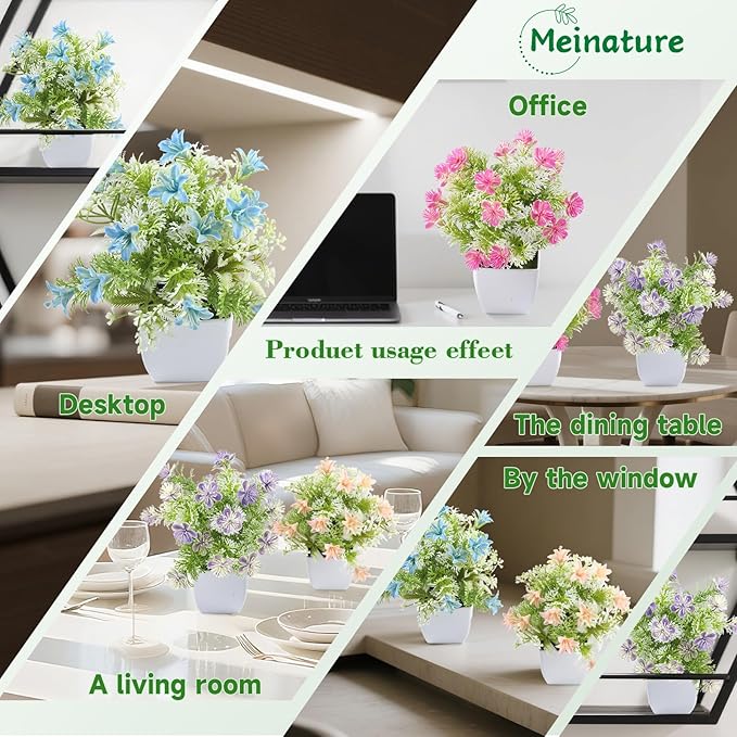 Mini Artificial Faux Plants 4 Packs, Small Fake Plants with Flowers, Black Potted Greenery for Bathroom Office Home Conference Table & Indoor Desk Decor Farmhouse Kitchen Library Restaurant