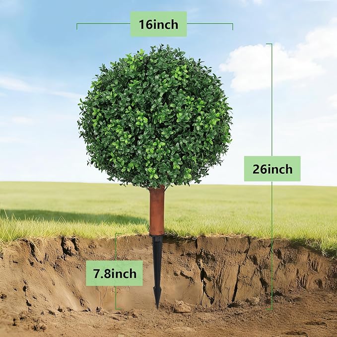 Artificial Boxwood Ball Bush for Outdoors 26 inch Set of 2 UV Resistant Faux Boxwood Ball Trees with Ground Spikes, Fake Boxwood Shrubs for Garden Patio Front Door Balcony