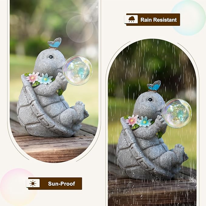 Solar Turtle Statues Garden Decor with Bubble LED Light, Outdoor Tortoise Statue Resin for Patio, Lawn, Yard Gift for Mother's Day, Birthday, Housewarming