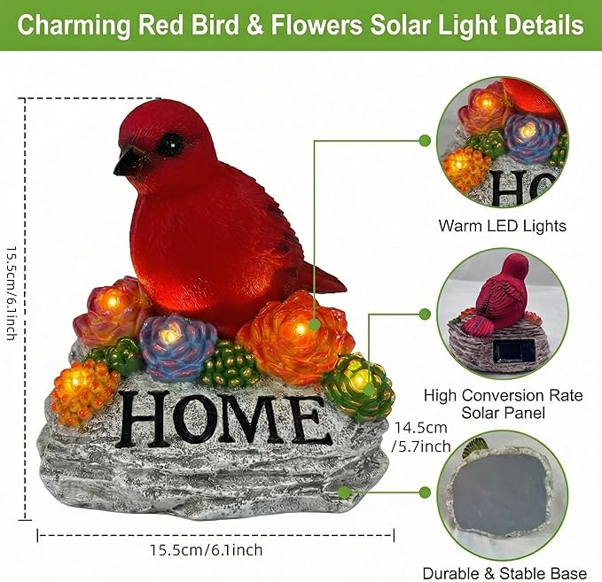 DECOUE Solar Garden Statue with Bird & “Home” Sign, Solar Bird Light Outdoor Decor with Warm LED Glow, Garden Decor for Outside Yard Patio Walkway, Decorative Garden Statue with Succulent Accents
