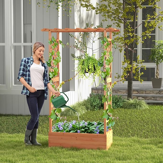 LDAILY Raised Garden Bed with Trellis, Above Ground Garden Bed with Hanging Roof, Side Trellis, & 4 Drainage Holes, Planter Box for Outdoor Climbing Plants Vines Flowers (1, 43.5"L x 17.5"W x 72"H)