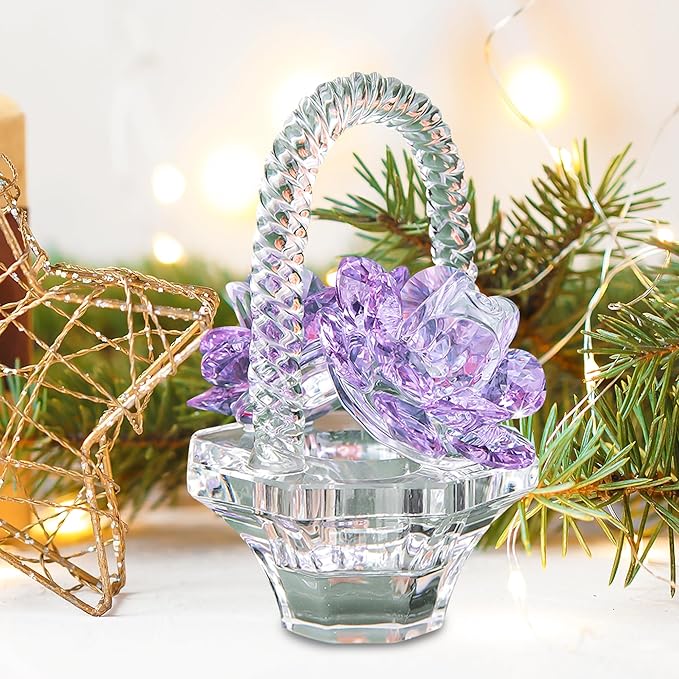 H&D HYALINE & DORA Crystal Flower Basket Figurine Collectable Ornaments Home Decor Tabletop Centerpiece Gift for Lady,Purple Color