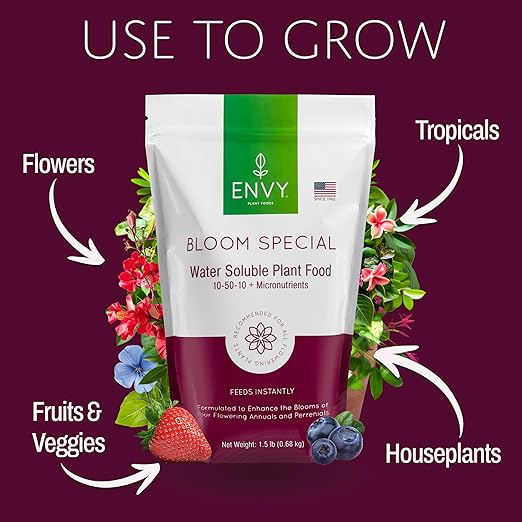 ENVY Bloom Special Plant Fertilizer for Flowering Plants, 1.5 Pound - Makes 150 Gallons, for Indoor and Outdoor Plants, Pet Safe, Water Soluble, Made in USA