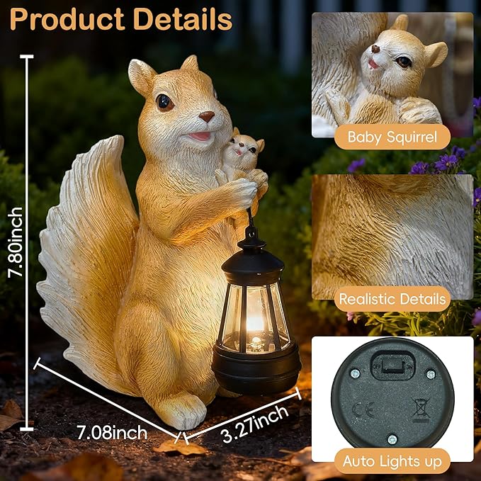 Solar Garden Statues Outdoor Decor – Cute Squirrel Statue with LED Lights, Waterproof Animal Figurine Lawn Ornament for Yard, Patio or Porch, Garden Decor Gift for Women & Mom