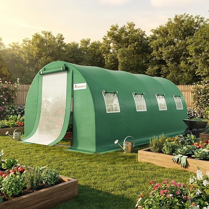 KING BIRD Premium 20x10x6.6FT Greenhouse for Outdoors, Large Walk-in Upgraded Galvanized Metal Frame, Mesh Door Screen Window Improved Zipper Tunnel Hoop for Garden Plant Winter, 2 Stiffeners, Green