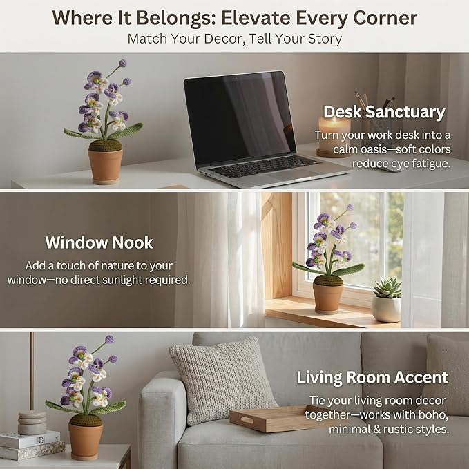 Handmade Crochet Orchid Potted Plants, Knitted Artificial Forever Flowers with Exquisite Pot, for Friends, Women, and Kids, Ideal for Home Decorations and Office Desks Wooden