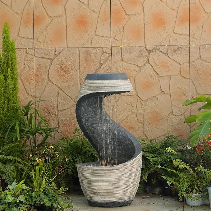 37" S-Shaped Outdoor Water Fountain with LED Lights, Modern Resin Cascading Waterfall Feature for Garden, Patio, Backyard or Porch, Large Decorative Zen Water Feature – 21" L x 21" W x 37.9" H