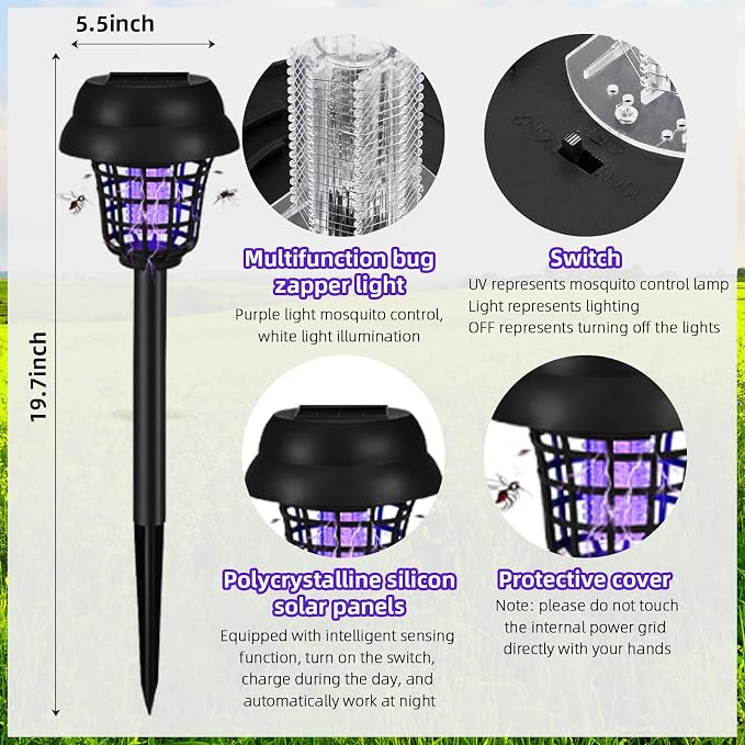 2026 4Pack Mosquito Repellent Outdoor Patio,Solar Bug Zapper Outdoor Mosquito Zapper for Moths,Gnats,Flies,Small Flying Insect,Gnat Killer for Vegetable Beds,Electric Fly Zapper for Backyard,Garden
