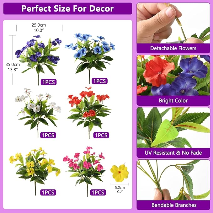Hommyea Artificial Fake Flowers for Outdoor, 6 Bundles UV Resistant Faux Plants Decoration Silk Flowers No Fade Plastic Flowers for Outside Planters Home Porch Patio Yard Garden Decor