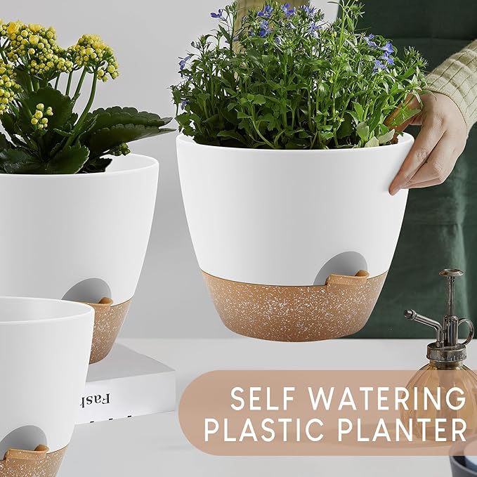 YNNICO Plant Pots 10/9/8/7.5/7 inch, Self Watering Planters with Drainage Holes & Saucers for Indoor and Outdoor Plants (White)