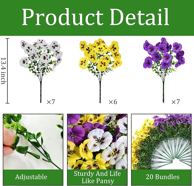 20 Pcs Artificial Fake Pansy Flowers for Outdoors, Faux Silk Pansies Spring Flowers UV Resistant Artificial Plants Outdoor for Planter Front Door Porch Yard Patio Home Decor(Purple Yellow White)