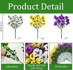 20 Pcs Artificial Fake Pansy Flowers for Outdoors, Faux Silk Pansies Spring Flowers UV Resistant Artificial Plants Outdoor for Planter Front Door Porch Yard Patio Home Decor(Purple Yellow White)