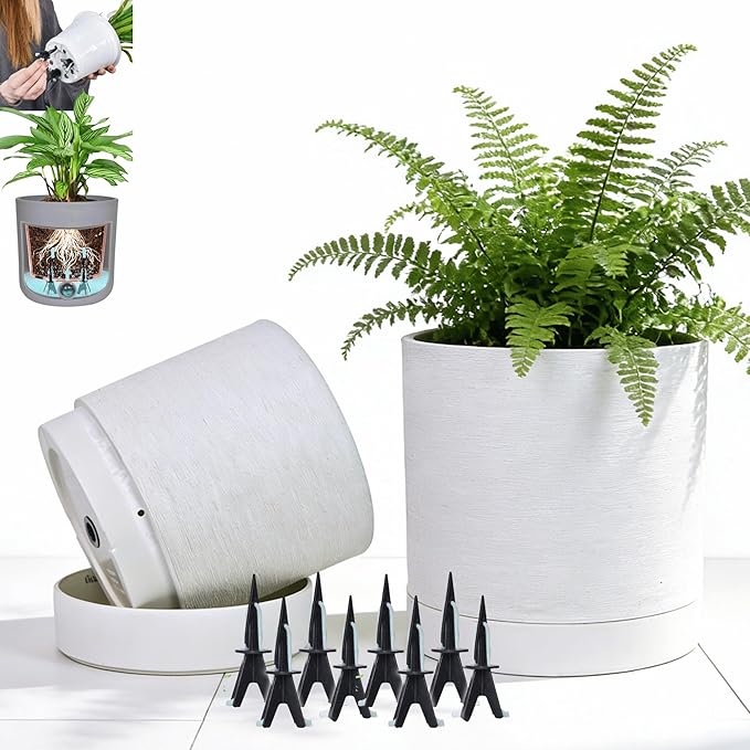 GreenShip Planter Set of 2 (13.8" & 11.8") – Cylinder Planters with Drainage Hole and Planter Saucer, Jun Porcelain Clay & Recycled Resin, Decorate Home,Office & Outdoor,White pots